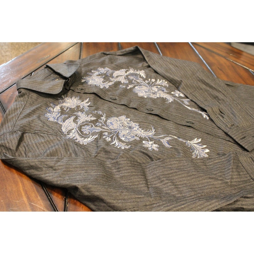 Just Cavalli Shirt Mens Size 48 Gray Stripe Embroidered Long Sleeve Button Front